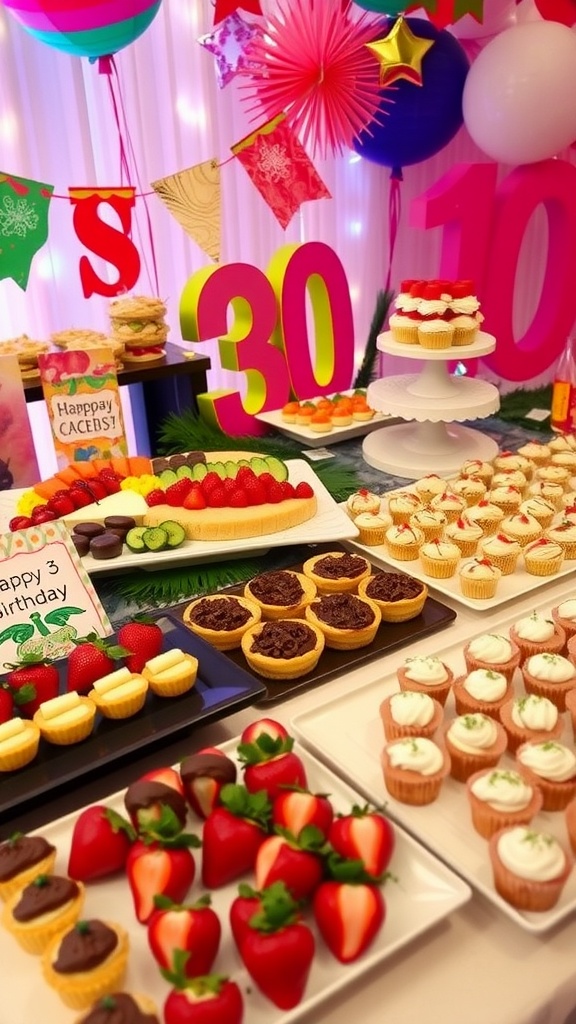 A festive table with assorted snacks for a birthday celebration including cheese platter, mini quiches, skewers, and cupcakes.